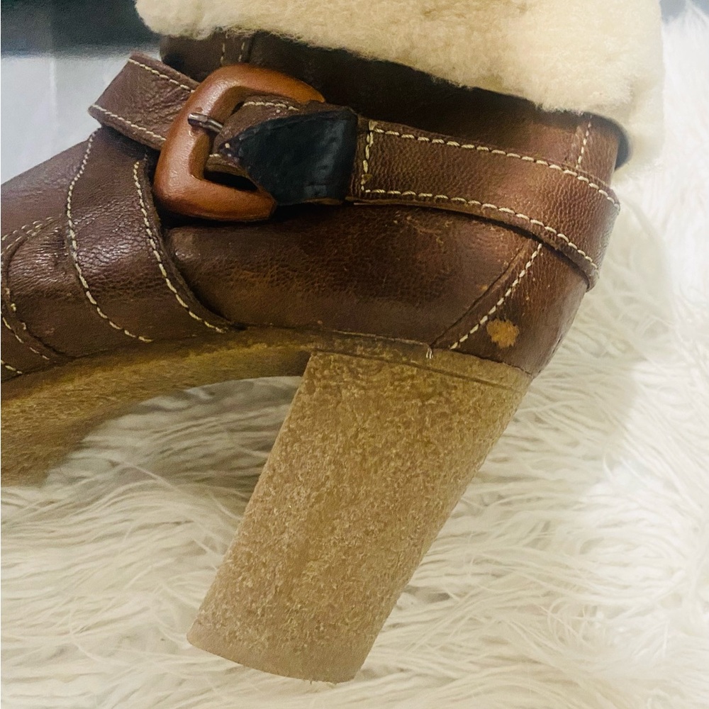 Women’s Manas Brown Leather Fleece Lined Fur Cuff Ankle Boots Studs Block Heel - Picture 8 of 11